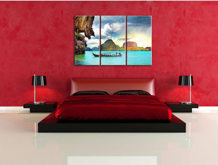 Pixxprint Thailand Phuket Playa Paradisiaca Kunst Buntstift Effekt 3-Teiler Leinwandbild 120x80 Bild