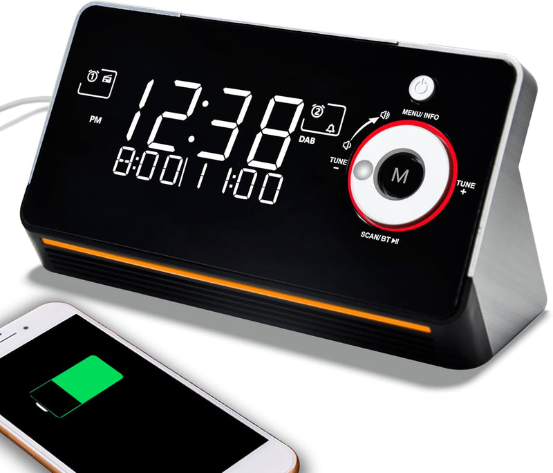 iTOMA FM/DAB Radiowecker mit USB-Ladeanschluss, Bluetooth Stereo Lautsprecher, Kopfhörerbuchse, Dual