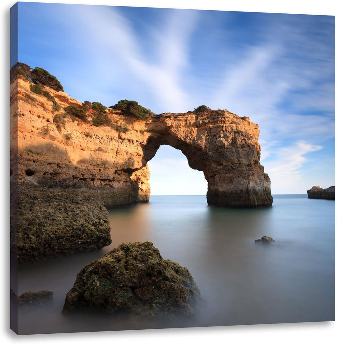 Pixxprint Berg mit Torbogen über dem Meer, Format: 70x70 auf Leinwand, 70x70