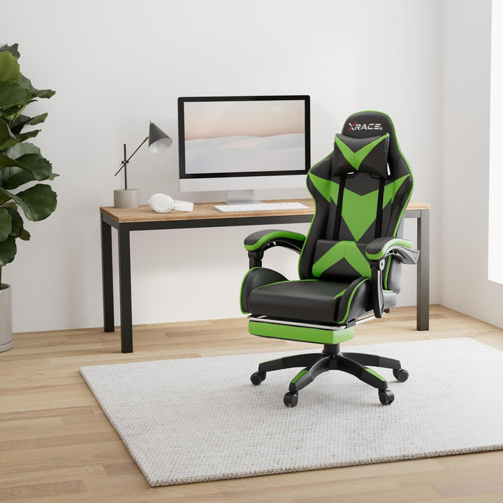 xRace Gaming-Stuhl Hoher Drehstuhl aus Leder mit Lendenwirbelstütze, Kopfstütze und Fussstütze, vers
