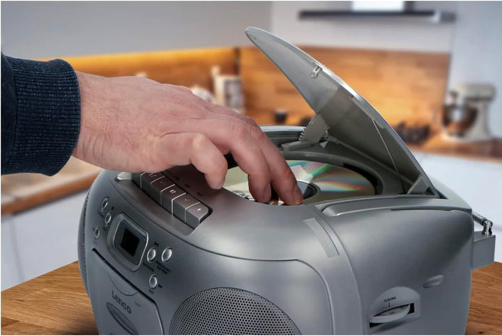 Lenco SCD-420 Silver Tragbares UKW-Radio mit Toplader CD-Spieler und Kassettendeck, LCD Display, Wie