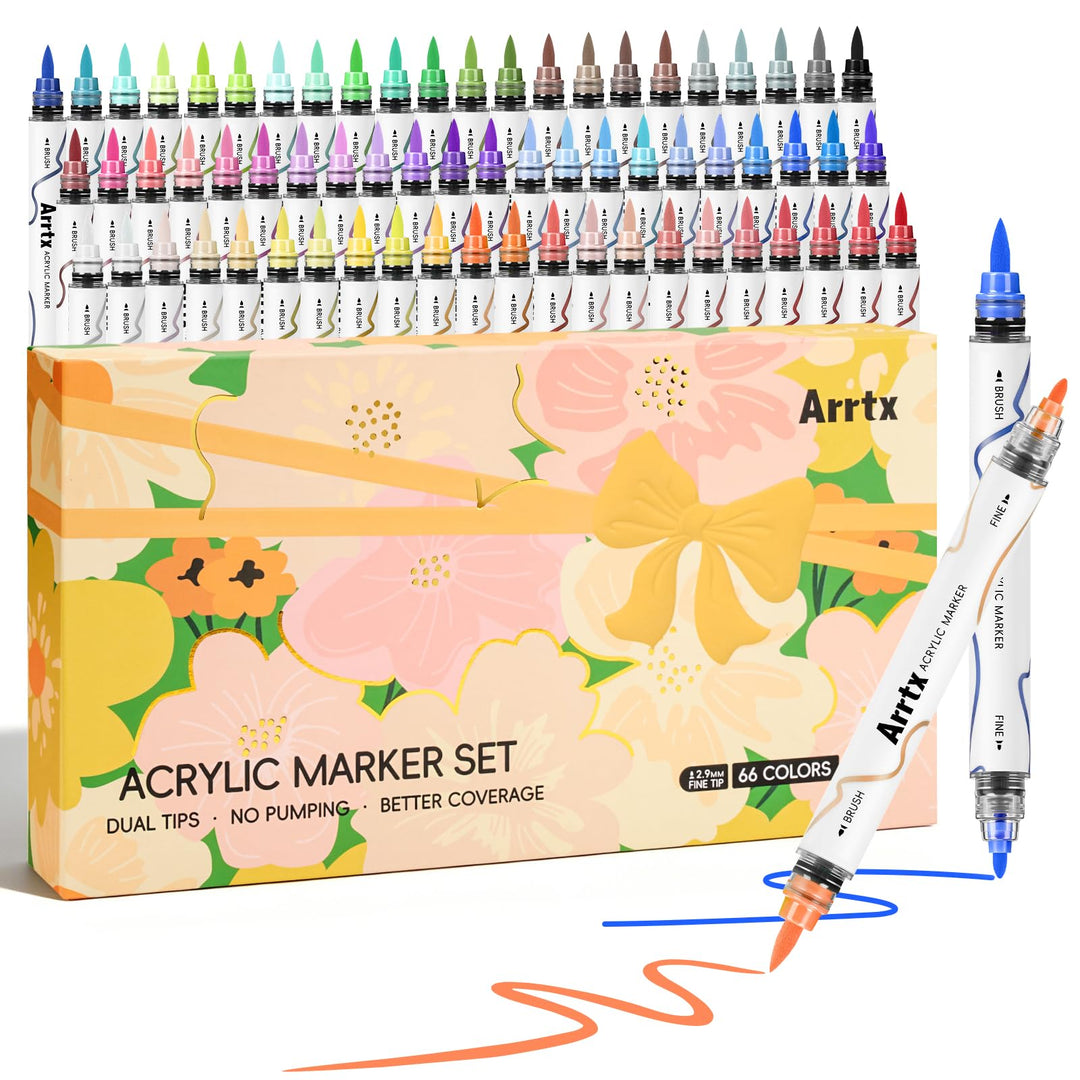 Arrtx Acrylstifte für Steine Wasserfest-66 Farben Stifte Steine Bemalen, Doppelspitzenmarker(Pinsels