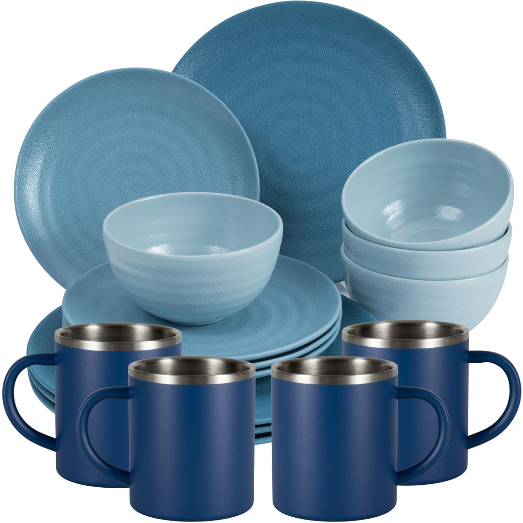 Melamin Geschirr Set Blau mit Edelstahl Thermo Tassen doppelwandig - Tonoptik Essgeschirr - Campingg