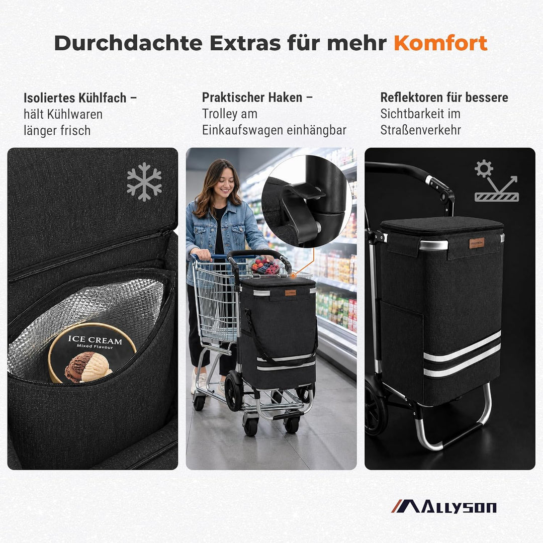 Allyson® Einkaufstrolley Klappbar, Einkaufswagen mit 56L Kapazität & Wasserdichter Tasche, Shopping-