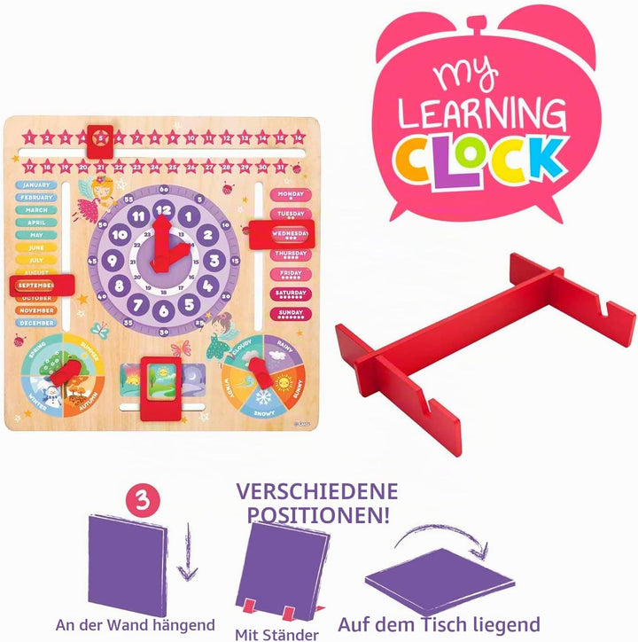 CRAZE My Learning Clock Princess ENGLISCHE SPRACHE - Lernuhr Kinder Holz, Kalenderuhr zum Lernen für