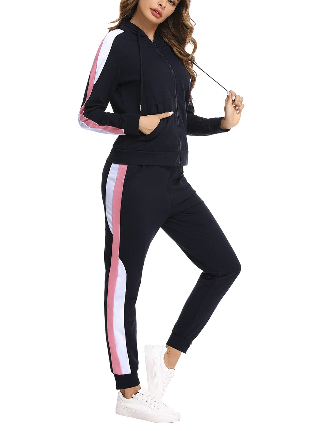 Litherday Jogginganzug Damen Lang Freizeitanzug Baumwolle Trainingsanzug Frauen Streifen Sportanzug