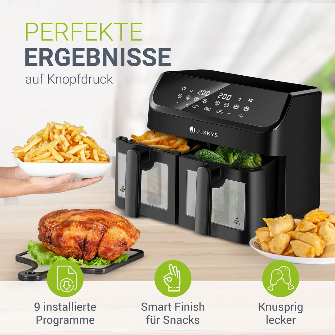 Juskys Heissluftfritteuse 9 L Doppelkammer - XXL Fritteuse mit 2 Körben, 9 Programme, Smart Finish,