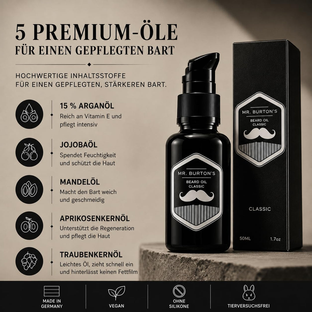 Bartöl Herren - Mr. Burton´s Beard Oil classic mit Arganöl - Made in Germany 50ml fördert gesundes B