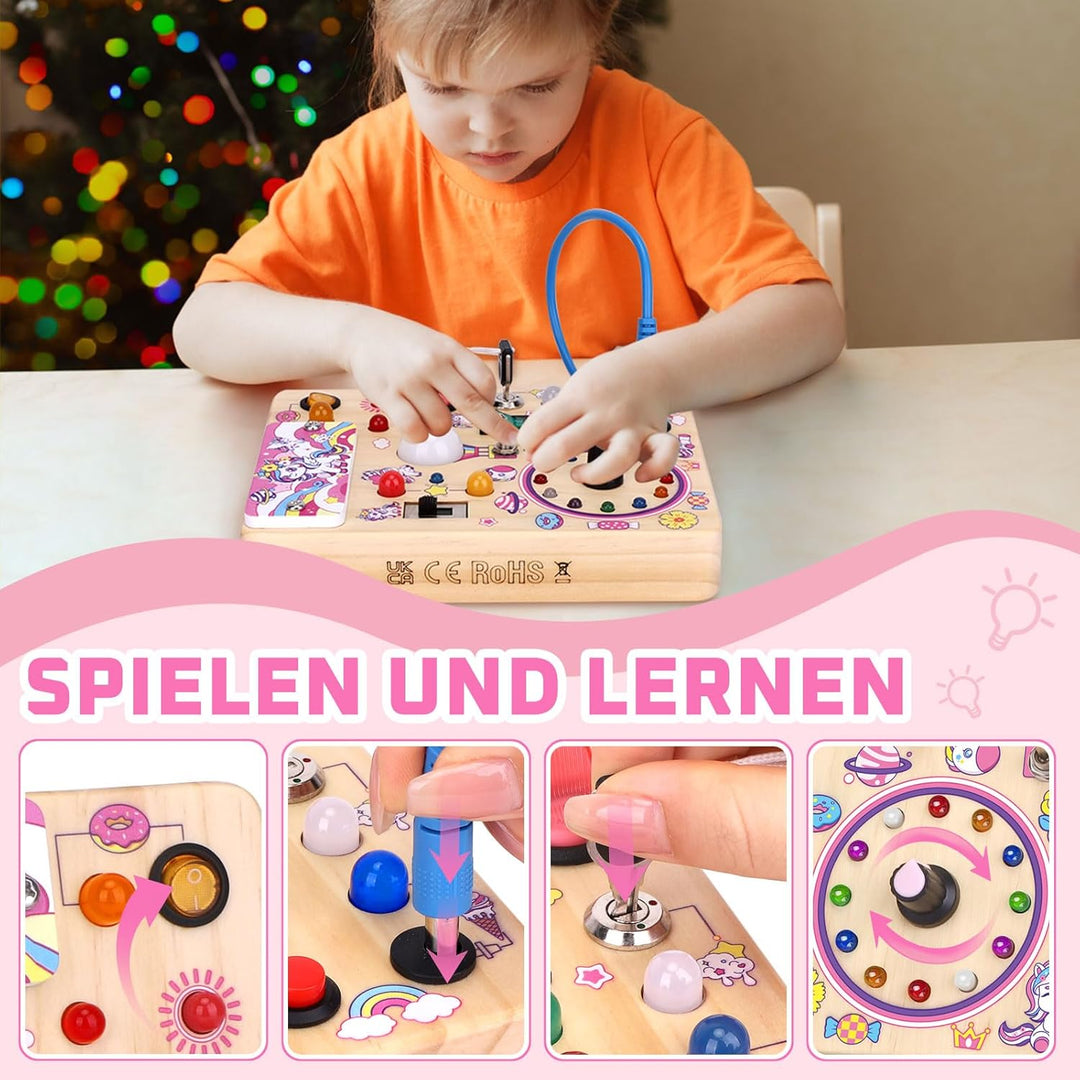 Unicorn Busy Board Montessori Spielzeug ab 1 Jahr Activity Board Holzspielzeug Mit 10 Schaltern und