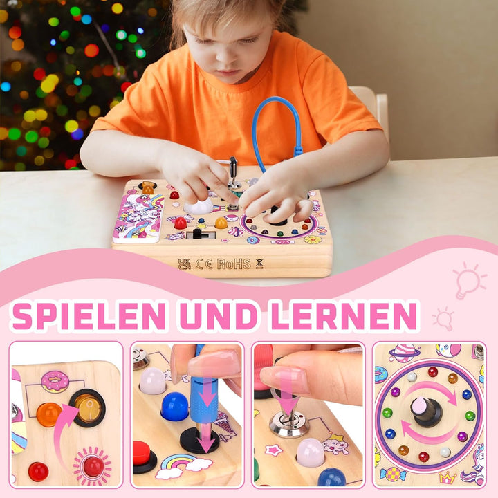 Unicorn Busy Board Montessori Spielzeug ab 1 Jahr Activity Board Holzspielzeug Mit 10 Schaltern und