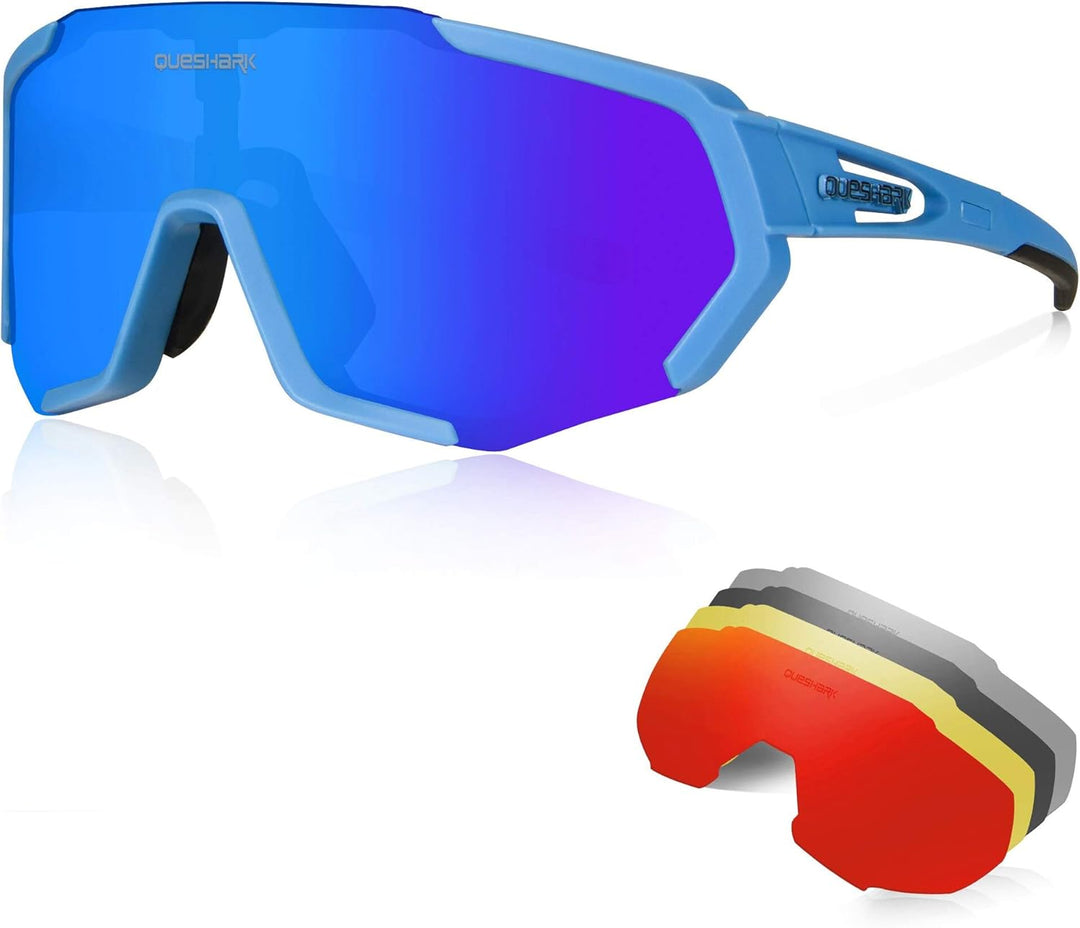 Queshark Sportbrillen Fahrrad Brillen Damen Herren Polarisierte UV400 Schutz mit 5 Wechselgläser Rad