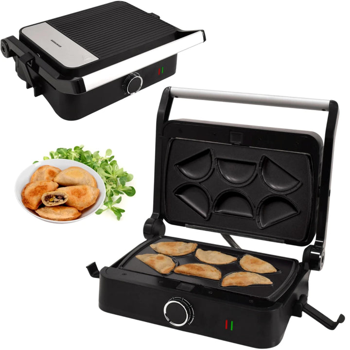 Syntrox Mini Empanada Kombigerät Multifunktionsmaker mit Wechselplatten, Kontaktgrill Edelstahl, Mul