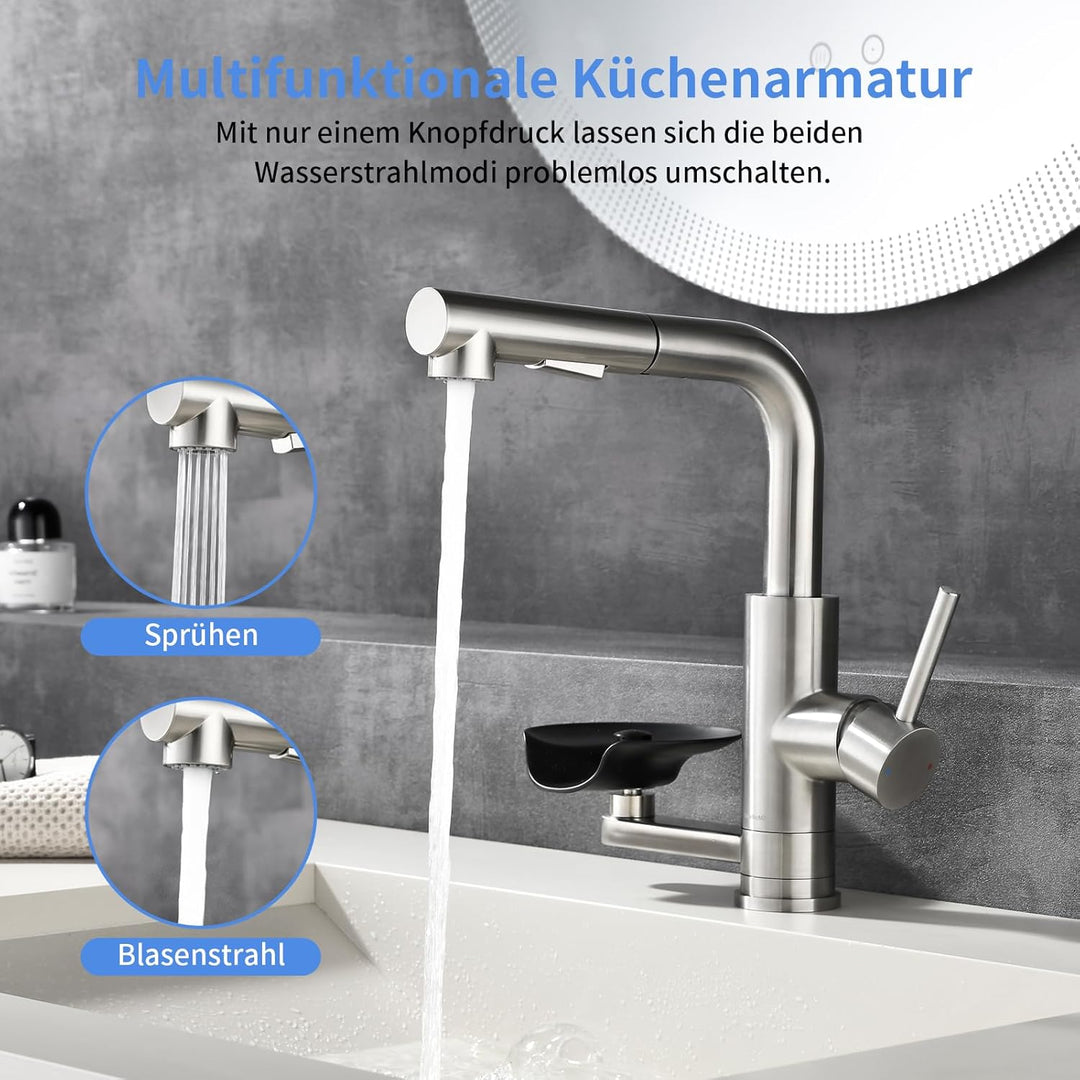 Waschtischarmatur LakeBayMZC Mit Glasspüler Ausziehbar Einhebelmischer Dual-Auslauf,304 Edelstahl Wa