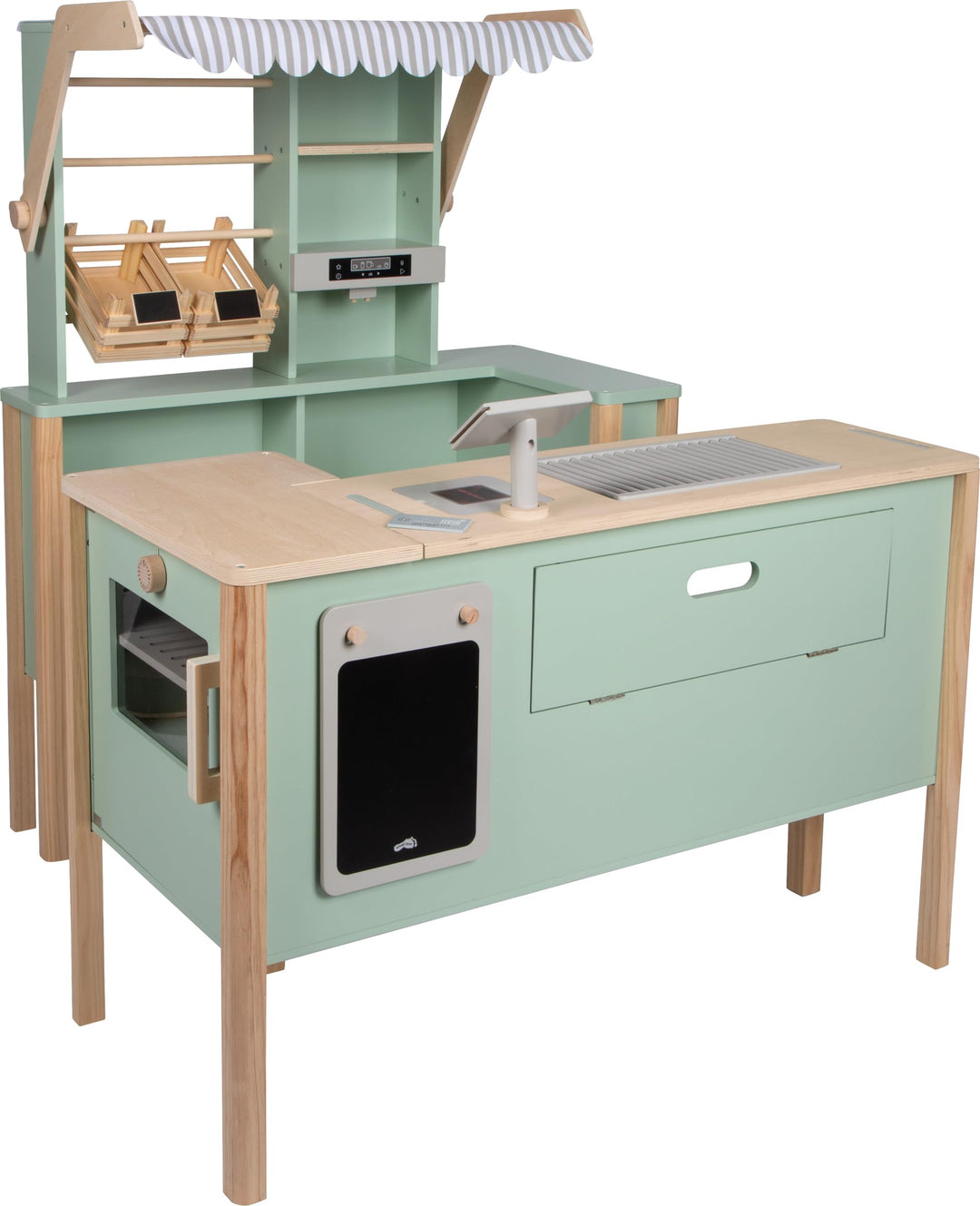 Small Foot Kaufladen und Kinderküche Salbeigrün „Fresh“ aus Holz mit Zubehör, Spielküche & Marktstan