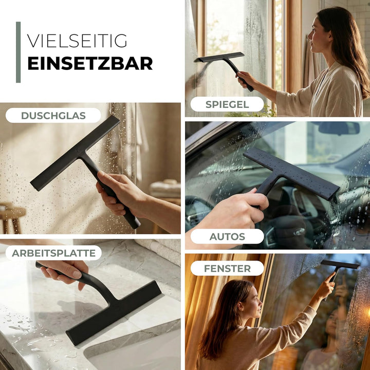 GÜTEWERK Duschabzieher Set mit Halterung - schwarz 28 cm breit - ohne Bohren Silikon Abzieher Dusche