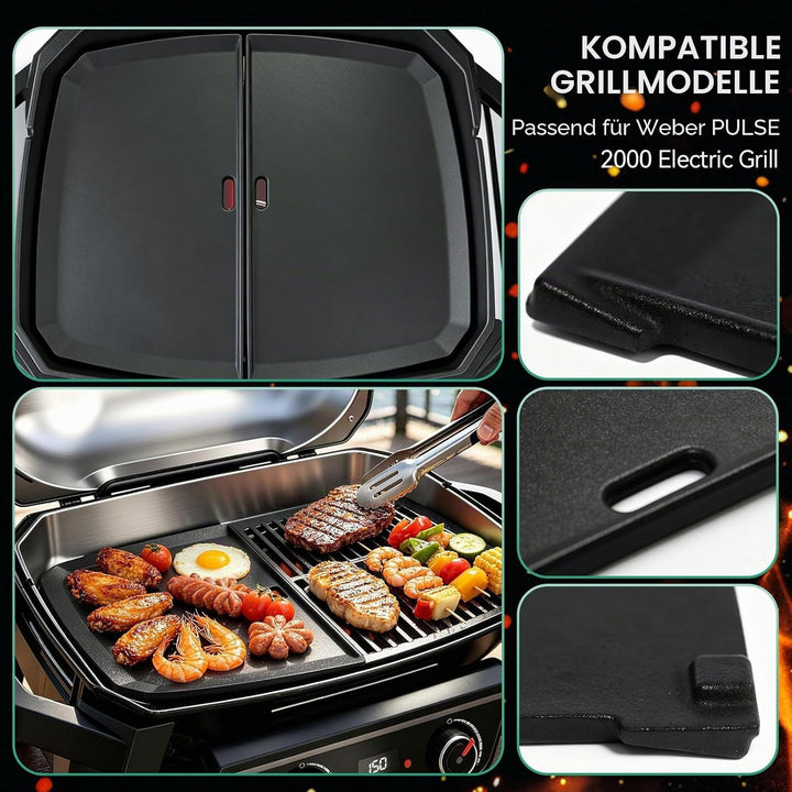 38,6 x 24 cm Gusseisen Grillplatte für Weber Pulse 2000 Elektrogrill, Grillpfanne Plancha Ersatz für