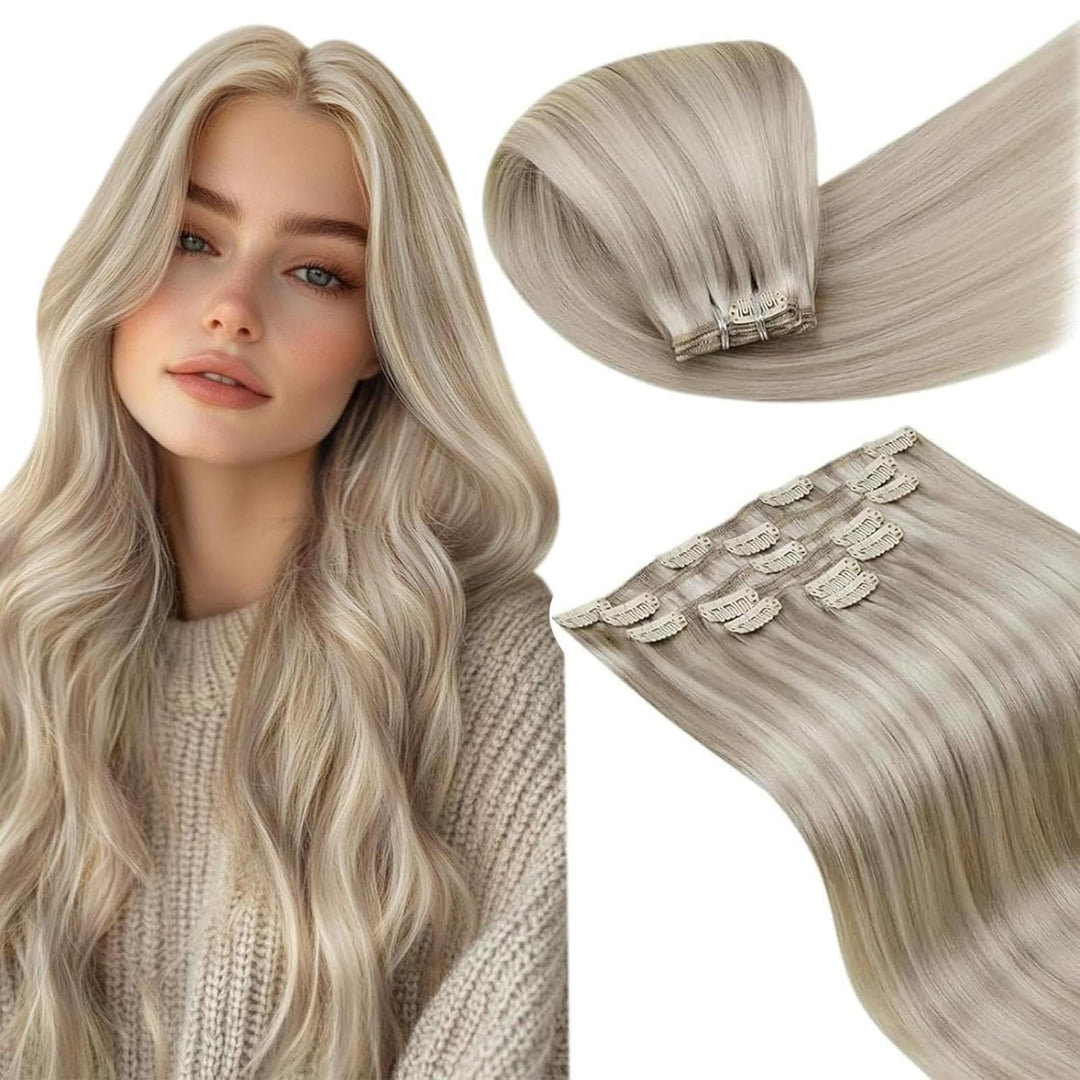 LaaVoo Blond Clip in Extensions Echthaar Highlight Echthaar Clip in Extensions 40cm Clip in Haarverl