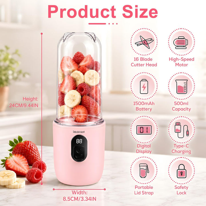 Tragbarer Mixer Smoothie Maker, 500 ml Mixer Smoothie Maker to Go mit Digitalanzeige, 16-Blatt Tragb
