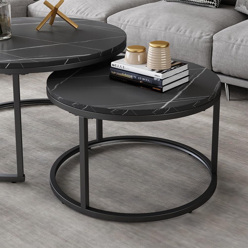 Vicco Couchtisch-Set Montreal, Schwarz/Schwarzer Marmor, 77 x 40 cm 2 Teile 2er Set Schwarz, 2er Set