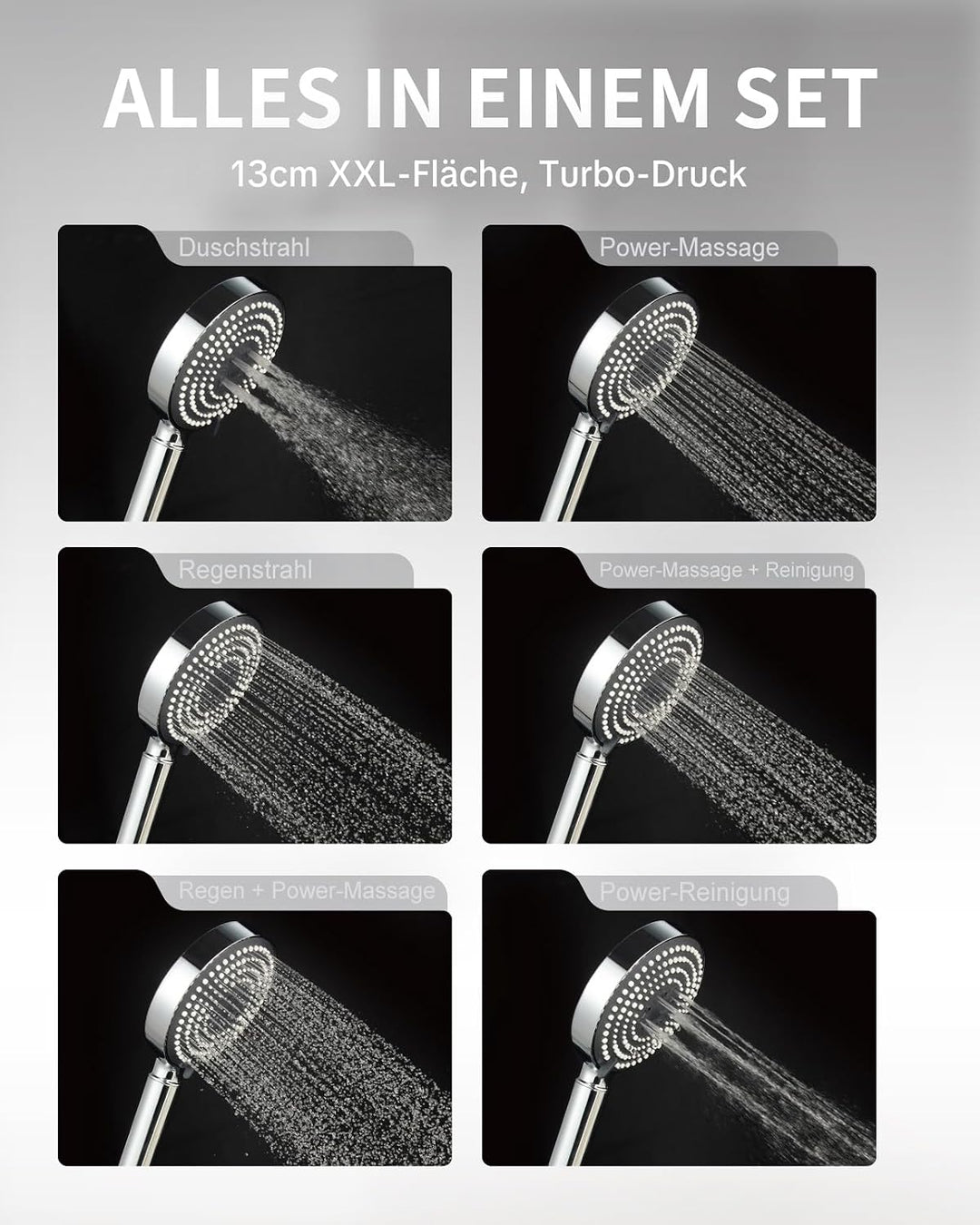 OFFO Duschkopf mit Schlauch 1,6m mit Verdrehschutz, Handbrause mit Filter 6 Strahlarten, Duschkopf G