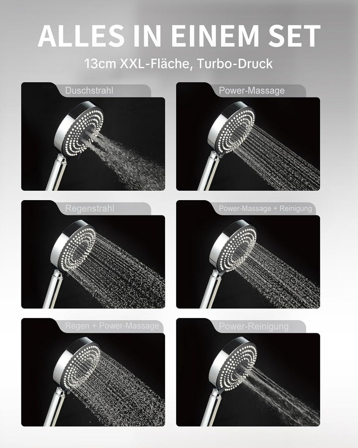 OFFO Duschkopf mit Schlauch 1,6m mit Verdrehschutz, Handbrause mit Filter 6 Strahlarten, Duschkopf G