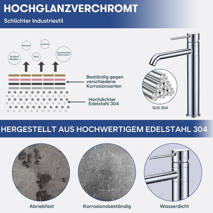 Waschtischarmatur Hoch 360° Schwenkbar BuntHaus, Wasserhahn Bad-Mischbatterie, Keramischem Ventilker
