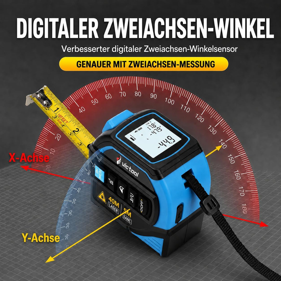 4-in-1 Laser Massband 40m + 5m Bandmass, Wiederaufladbarer Laser-Entfernungsmesser mit Wasserwaage u