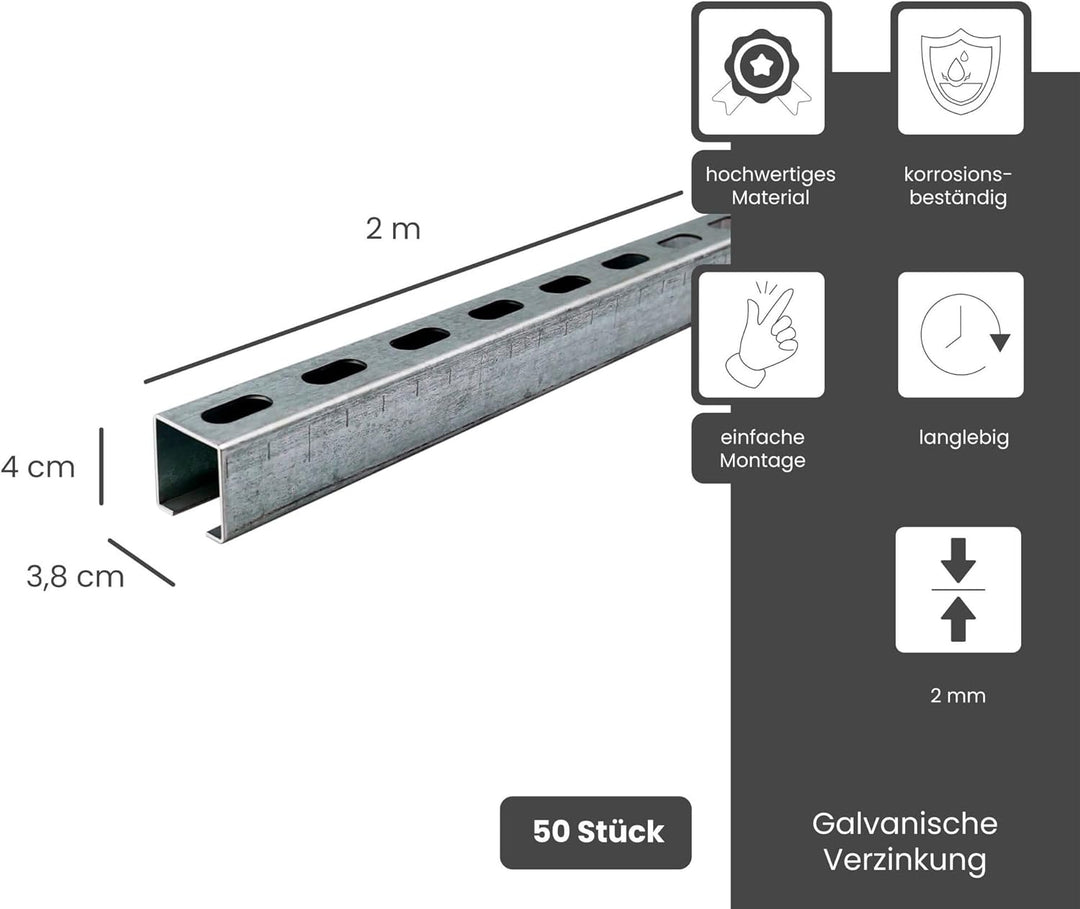 Dalsys Montageschiene 38/40, Schienenkonsole Silber 200cm, 50 Stück, Lochschiene, C-Profilschiene, U