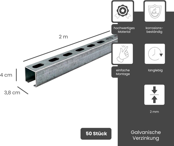 Dalsys Montageschiene 38/40, Schienenkonsole Silber 200cm, 50 Stück, Lochschiene, C-Profilschiene, U