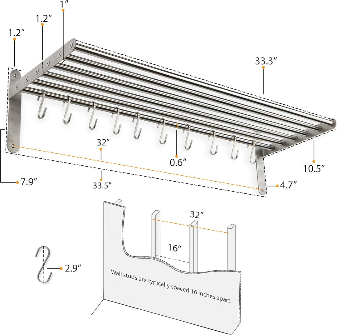 Wallniture Lyon Küchenregal Organizer und Aufbewahrungsregal, Metall Wandregal mit 10 S-Haken zum Au