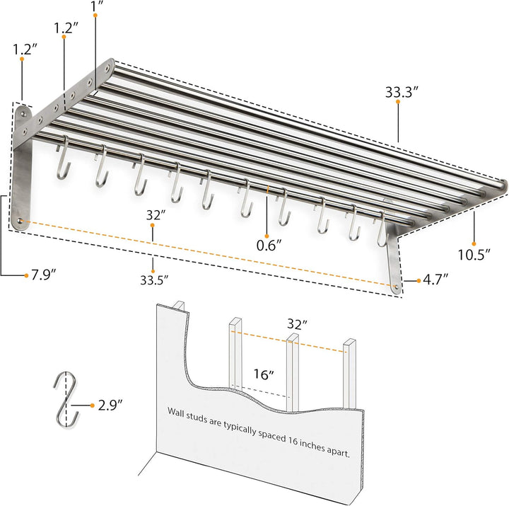 Wallniture Lyon Küchenregal Organizer und Aufbewahrungsregal, Metall Wandregal mit 10 S-Haken zum Au
