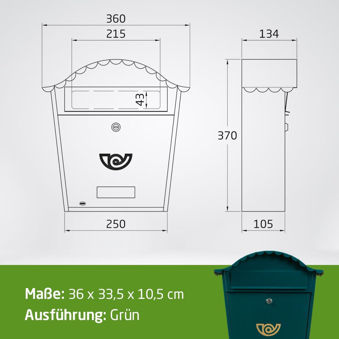 Amig - Aussenbriefkasten | Briefkasten für Wand, Mauer oder Zaun | Masse: 37 x 32 x 10,5 cm | Stahl