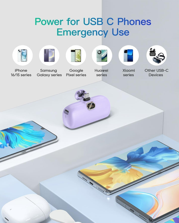 Kuulaa Mini Powerbank 5000mAh, Klein Power Bank USB C 20W PD Externer Akku, Compact LED Digitalanzei