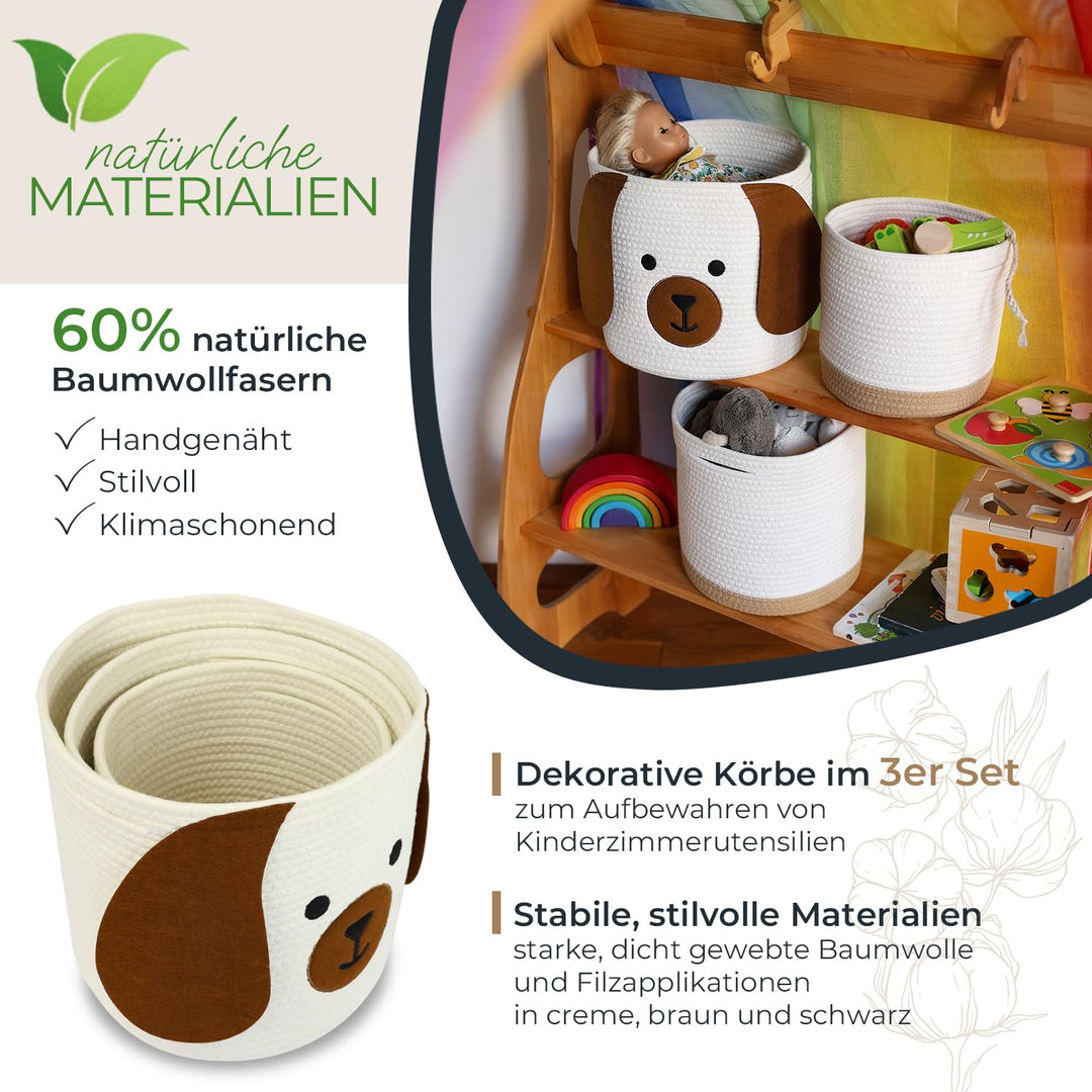 HMF Aufbewahrungskorb mit versteckten Griffen, 3er Set, Korb für Kinderzimmer aus Baumwolle | Hund |