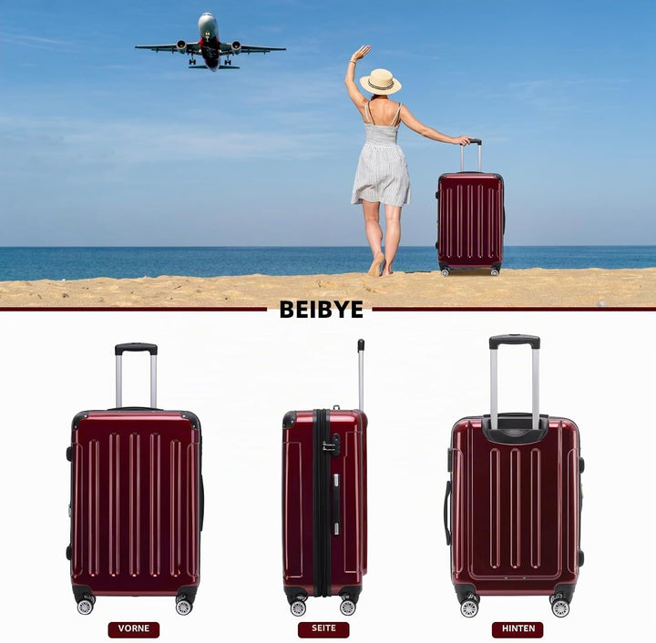 BEIBYE Zwillingsrollen 2048 Hartschale Trolley Koffer Reisekoffer in M-L-XL-Set in 15 Farben (Rot, S