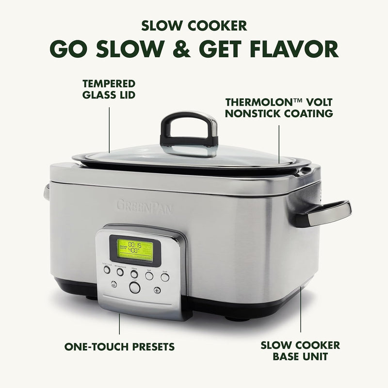 GreenPan Elite 8-in-1 Programmierbarer 6L Slow Cooker Multikocher,Spülmaschinenfester Deckel & Topf,