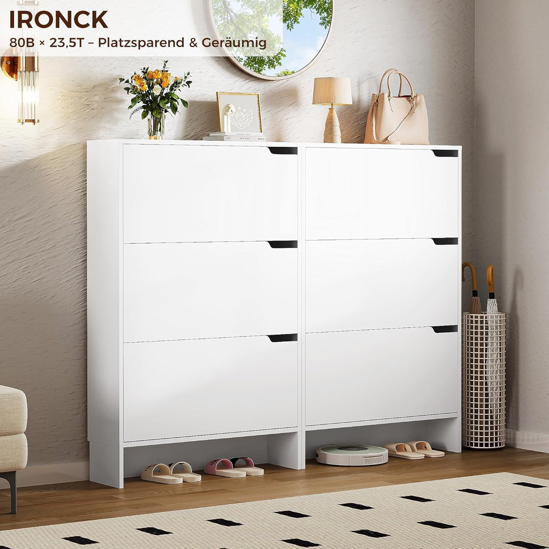 IRONCK Schuhschrank mit 3 Klappen, Schuhkipper Schmal, Schuhregal Flur freistehend, Schuhkommode mit
