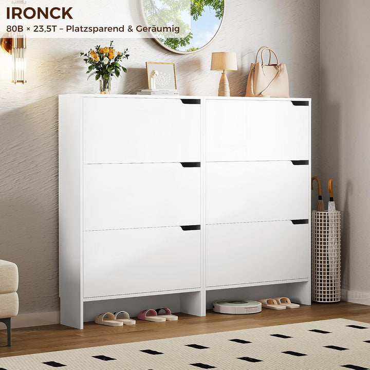 IRONCK Schuhschrank mit 3 Klappen, Schuhkipper Schmal, Schuhregal Flur freistehend, Schuhkommode mit