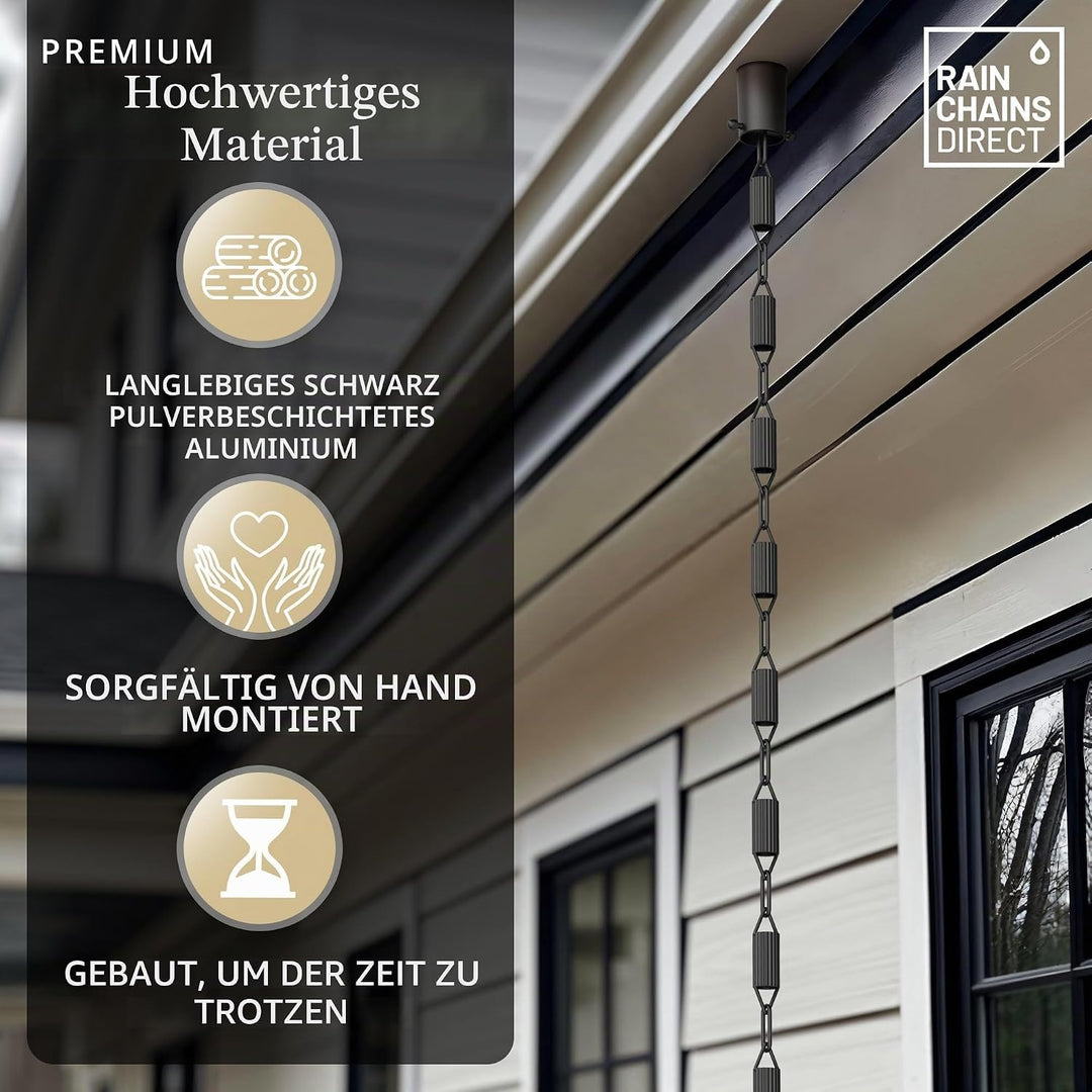 Rain Chains Direct Manicotti Regenkette, 8,5 FuÃŸlänge, Aluminium, schwarz pulverbeschichtet, funkti