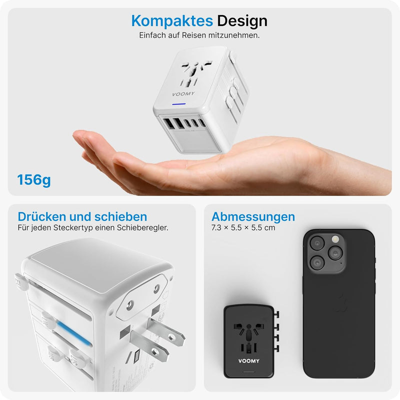 VOOMY Adapter für 170+ Landen, Reiseadapter Usa mit 2 USB A, Reisestecker mit 3 USB C, Reiseadapter