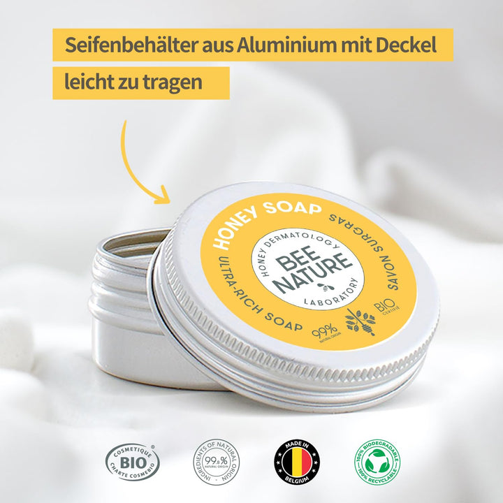 Bee Nature - Peeling Handschuh Grau & Seife Stück mit Seifenschale - Bio-Honig - Feuchtigkeitsspende