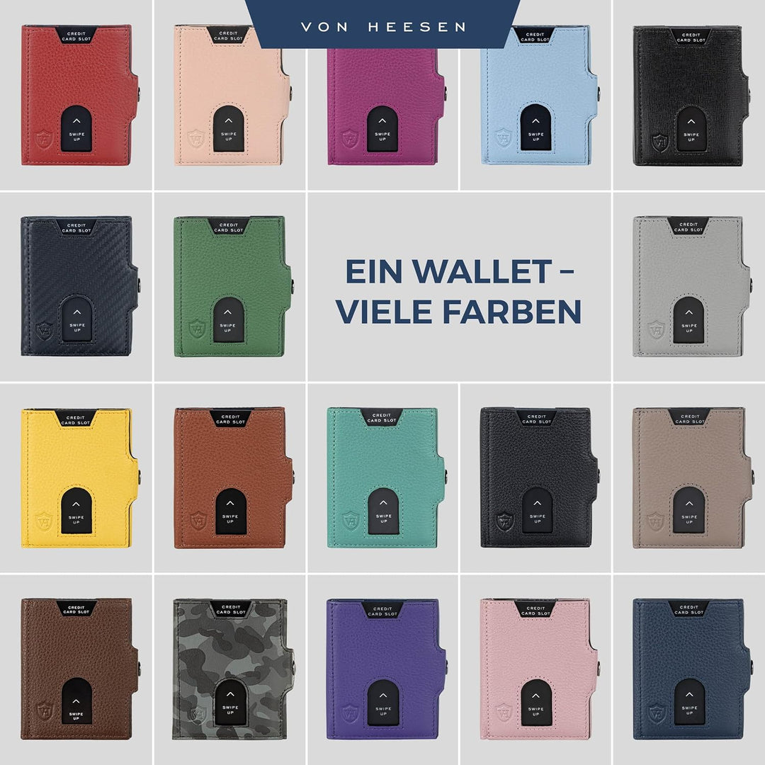 VON HEESEN Slim Wallet mit XXL Münzfach & RFID-Schutz - Leder Geldbeutel - Mini Geldbörse für Herren