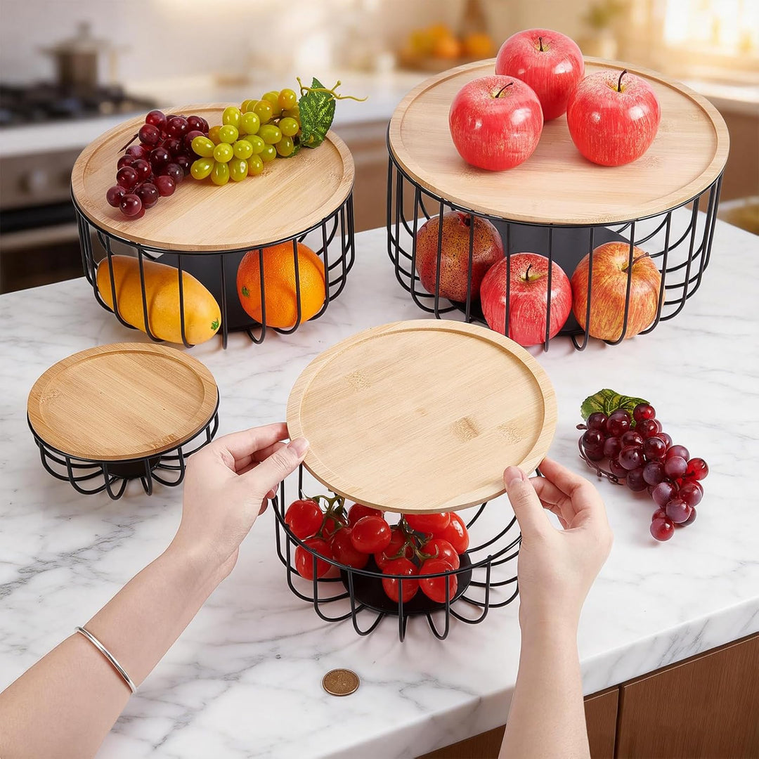 4 Stück Obstkorb Für Die Küchentheke Runder Obstkorb (4 Grösse) Mit Holzdeckel Küchenabfalleimer Für