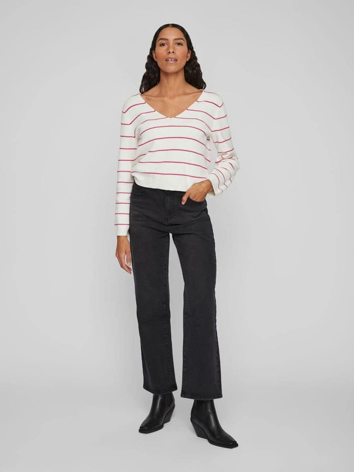 Vila Damen Vichao V-Neck L/S Knit Top/Su-Noos Strickpullover, M White Alyssum/Stripes:pink Yarrow