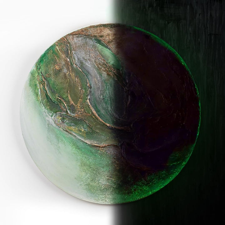 YS-Art Abstrakt Fluoreszierendes leuchtendes Acryl 3D Gemälde auf runder Leinwand Uranus handgemalt