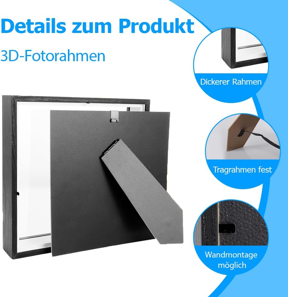 3D Bilderrahmen Zum Befüllen, 25 x 25 cm Bilderrahmen Tief Hölzern Bis 3cm zum Befüllen für Objekte