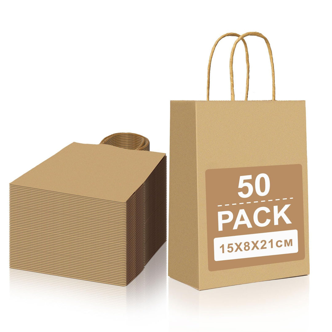 Gucass 50 Stück Klein Papiertüten mit Henkel, Braun Kraft Papiertaschen Geschenktüten, 15x8x21cm Pap
