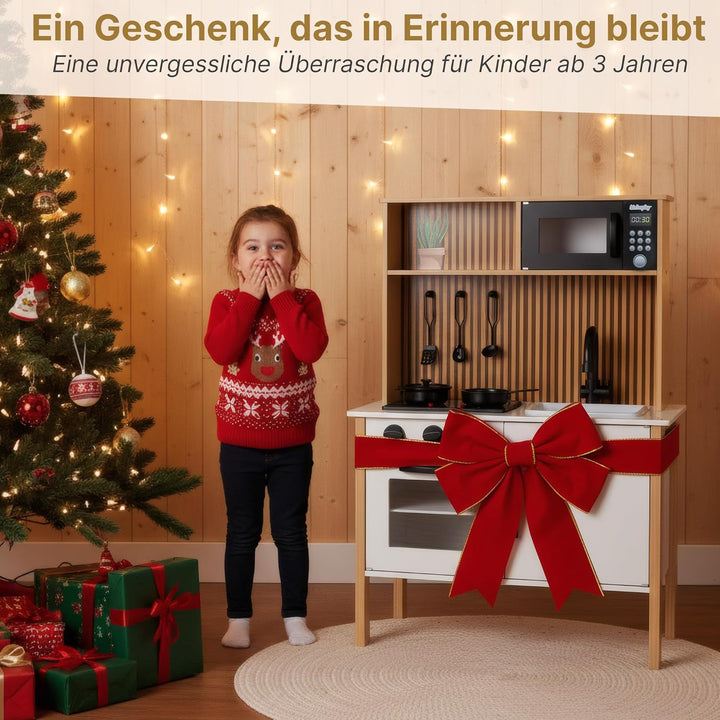 Kinderküche aus Holz mit Licht & Sound – Spielküche mit Zubehör, Herd, Backofen, Spüle, Mikrowelle –