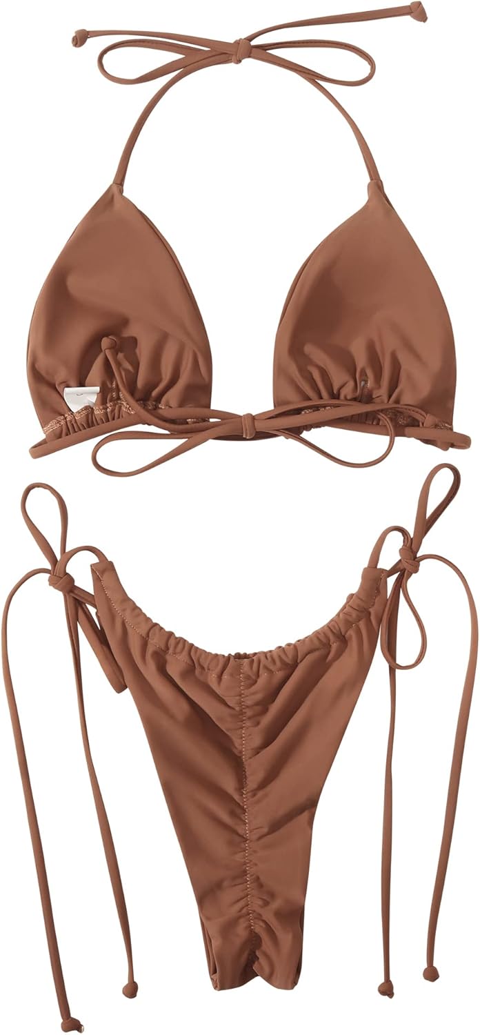 RXRXCOCO Sexy Brazilian Bikini Damen Set Triangel String Oberteil Bikini Tanga Bademode S Braun, S B