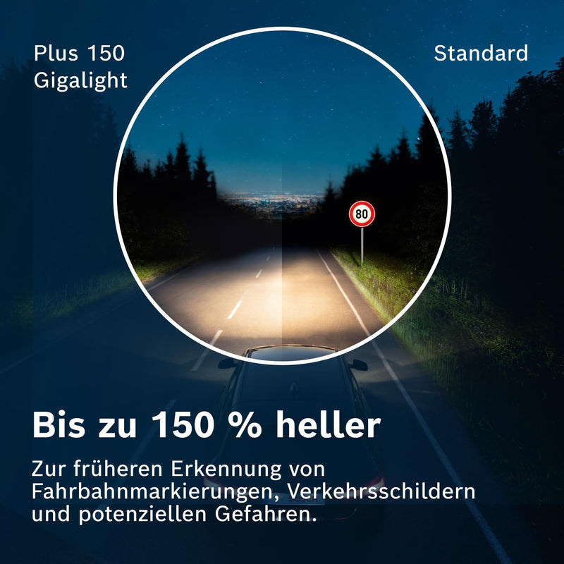 Bosch H4 Plus 150 Gigalight Halogen-Glühlampe für Auto-Scheinwerfer, 12 V 60/55 W, 150 % mehr Licht